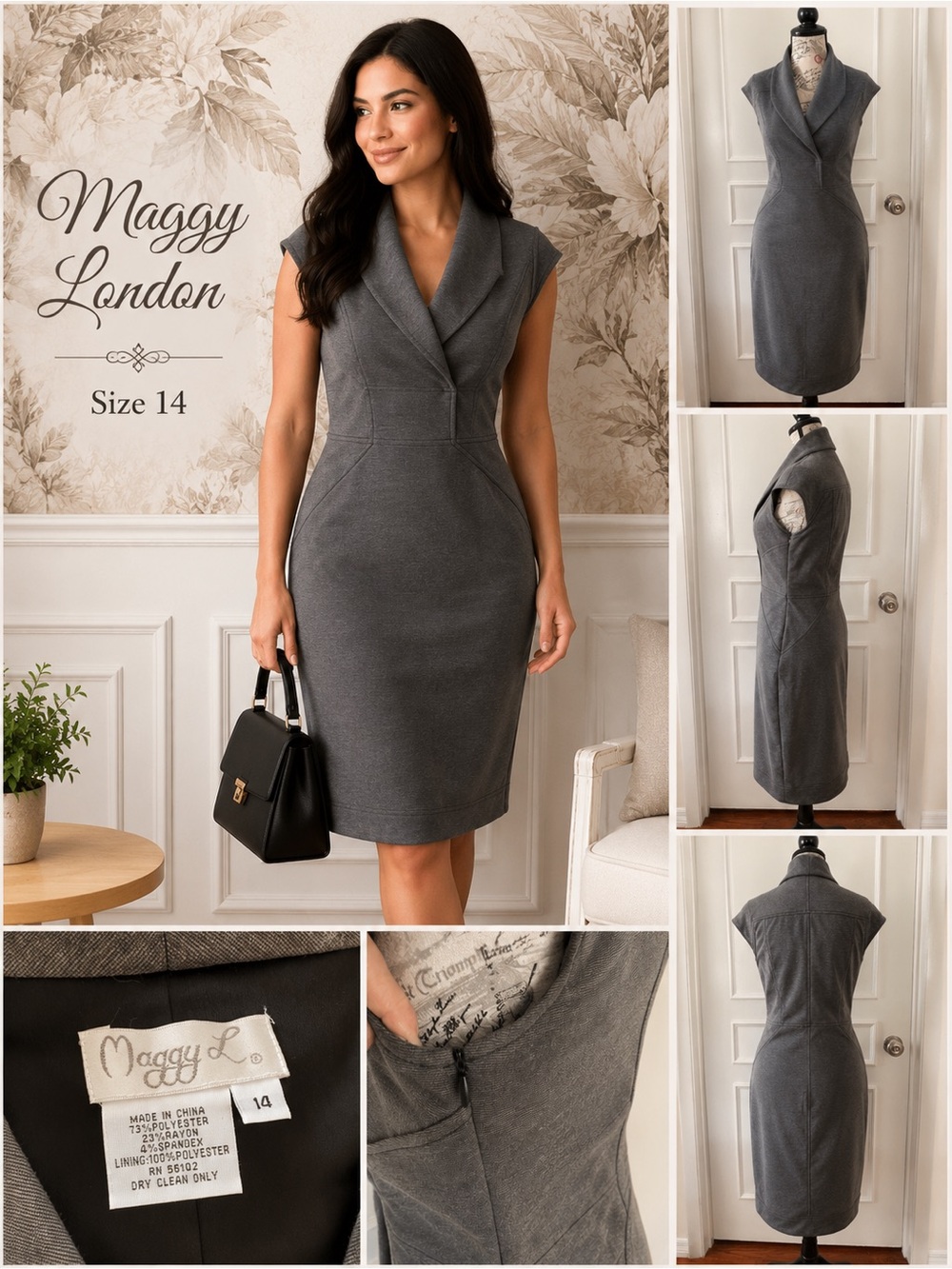Maggy London Gray Sheath Dress Shawl Collar Career Office Size 14 - Picture 2 of 14